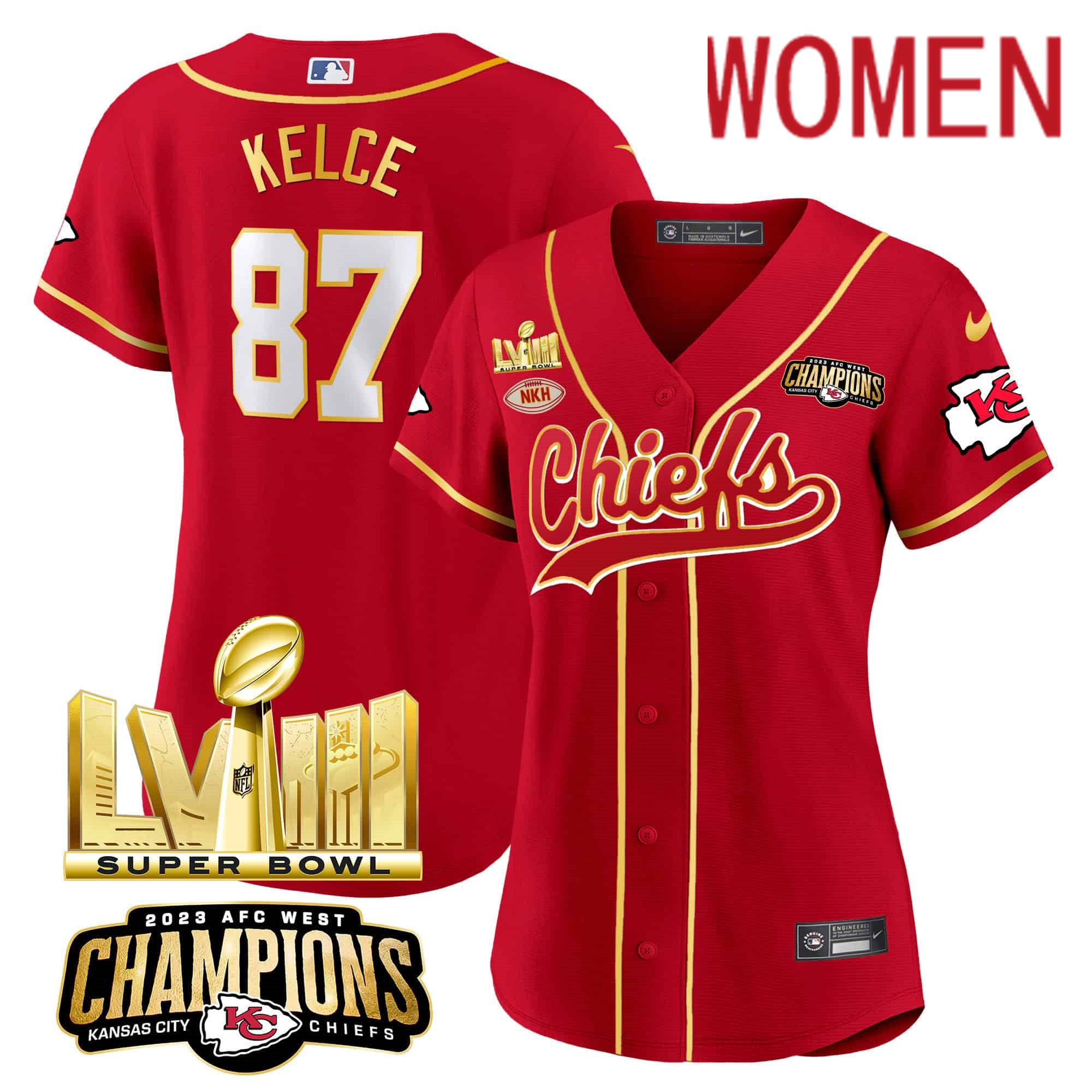 Women Kansas City Chiefs #87 Kelce Red 2024 Nike Super Bowl LVIII Back-2-Back Gold Patch Baseball NFL Jersey->women nfl jersey->Women Jersey